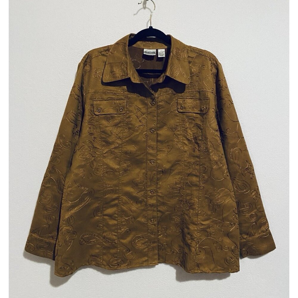 Chicos Top Womens XL Brown Faux Suede Button Up Shacket Embroidered Western Boho